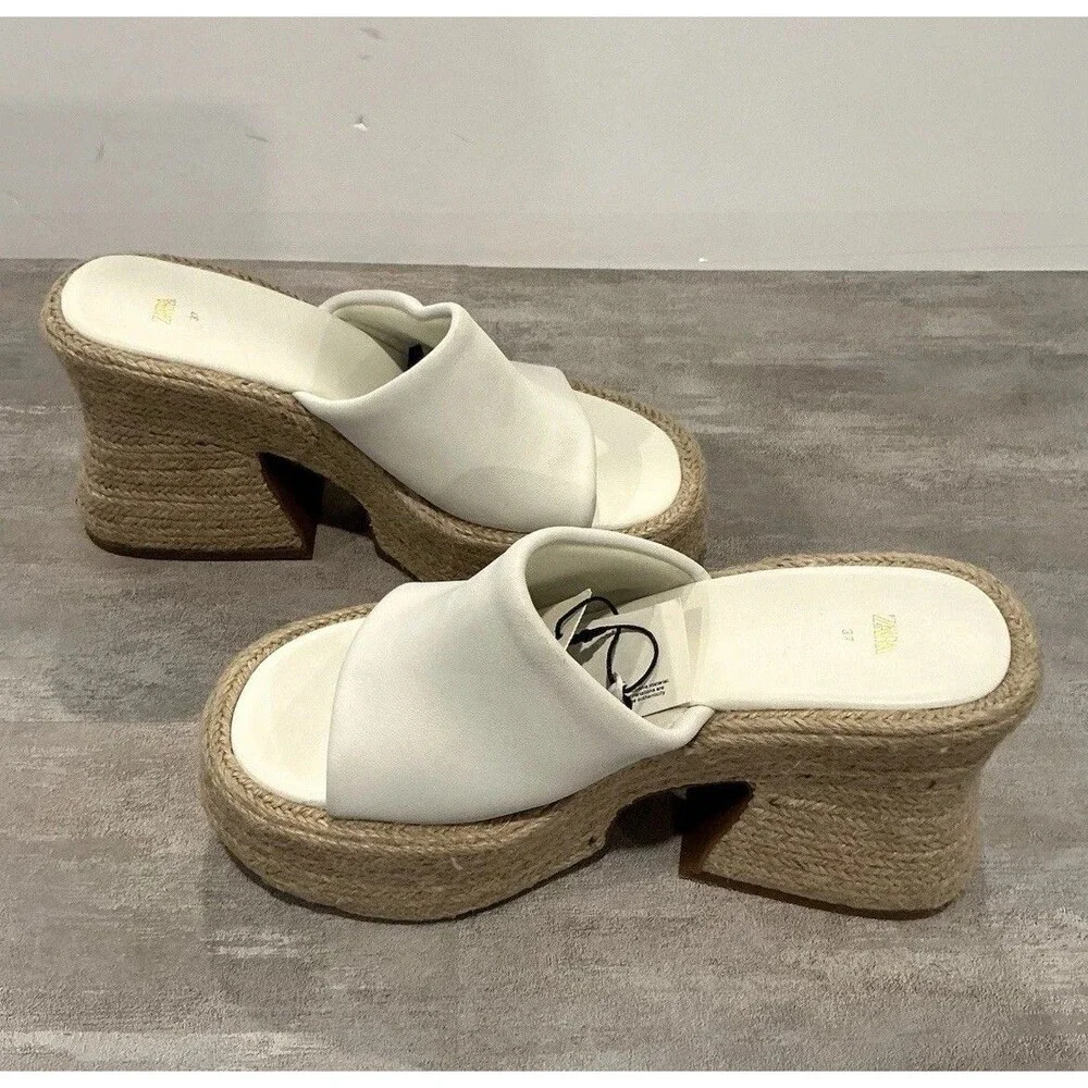 Zara White Leather Chunky Platform Sandals Jute Espadrille Mules NWT Size 37 6.5 - Picture 5 of 11